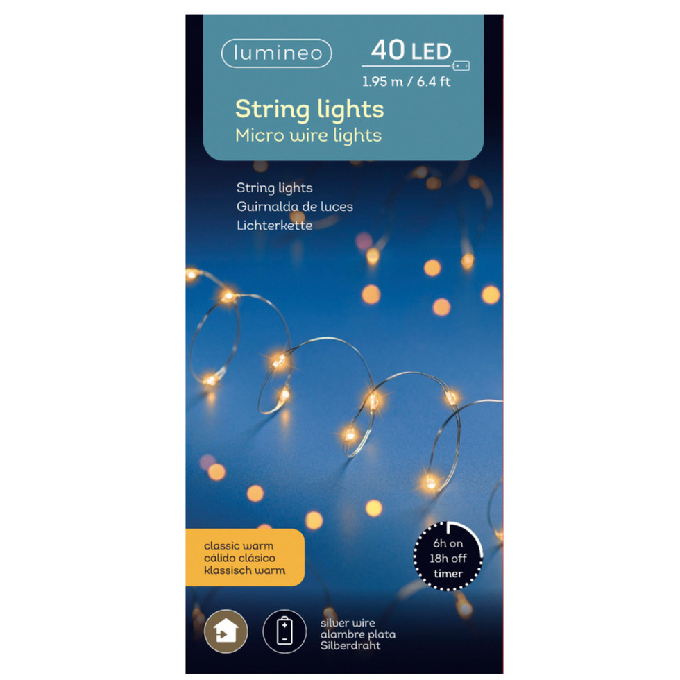 Timer draadverlichting zilverdraad 40 warm witte lampjes 195 cm -