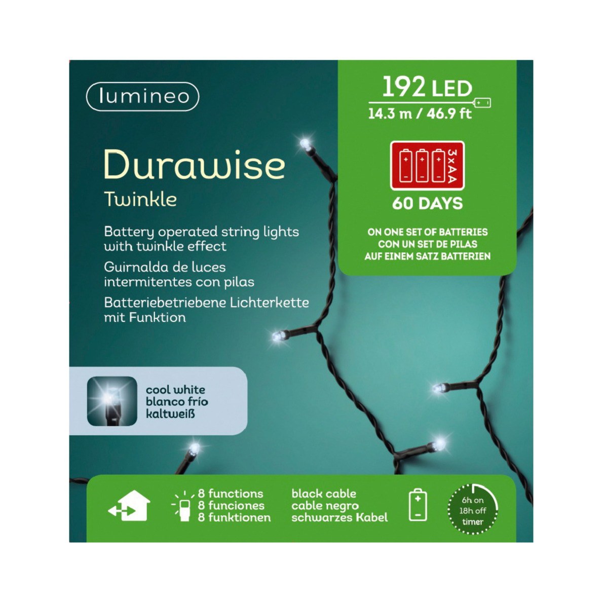 Kerstverlichting - twinkle - op batterij - helder wit - buiten - 192 lampjes -