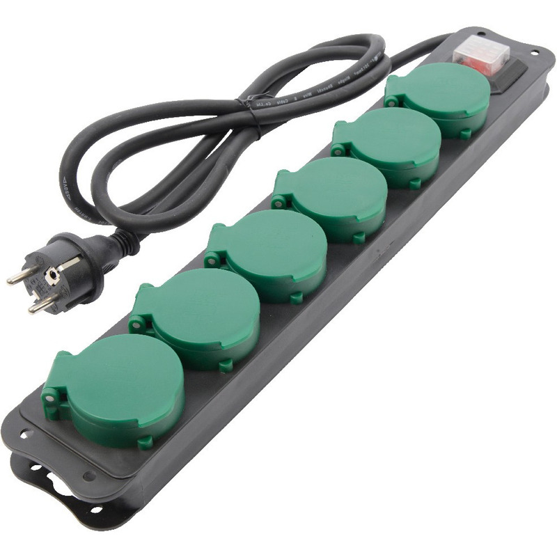 Waterproof stekkerdozen zwart/groen 6-voudig 1,5 meter -