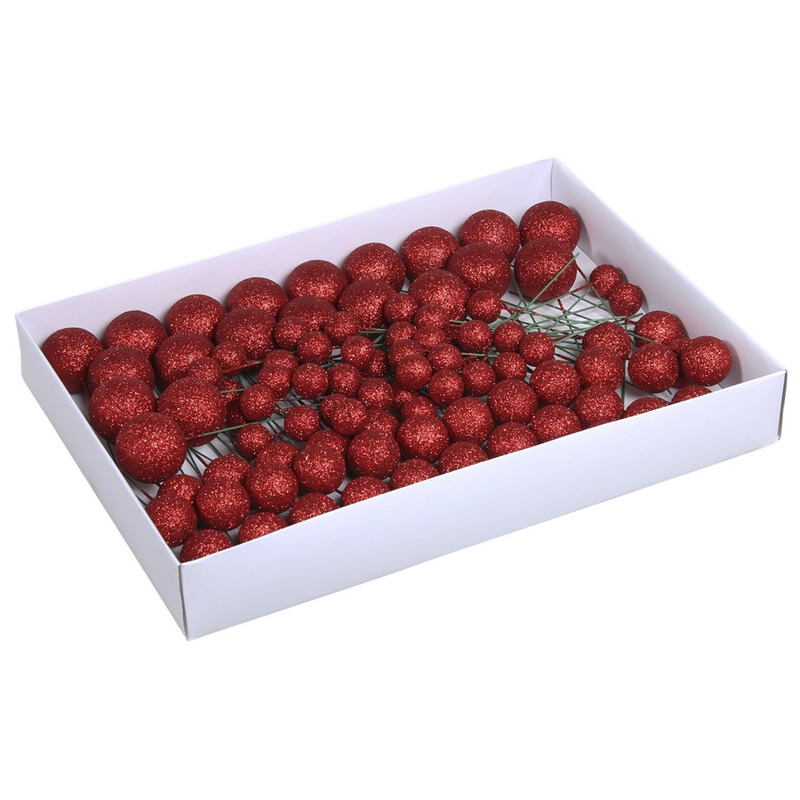 Stekers - Kerstballen - kunststof - glitter - rood - 2/3/4 cm -