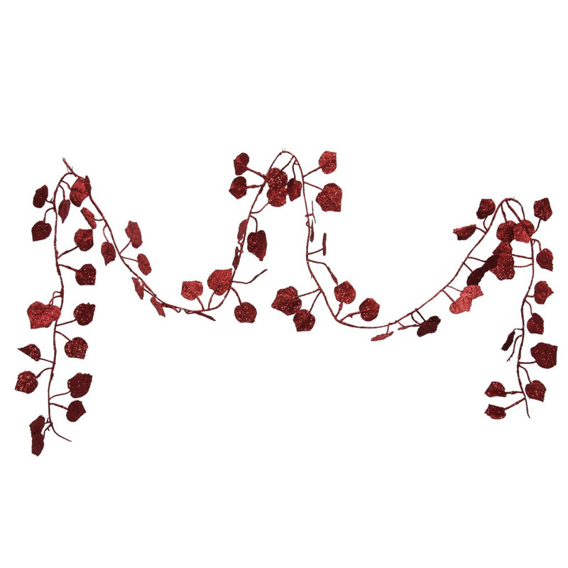 Kerstboom slinger - met bladeren - rood - 200 cm - kunststof - kerstboomversiering -