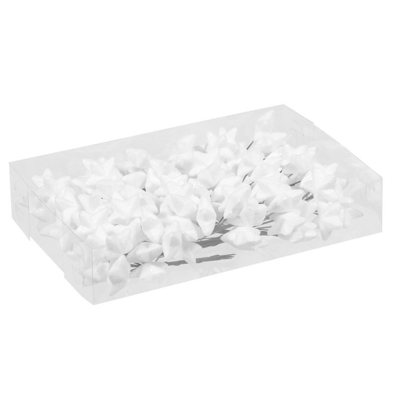 Sterretjes stekers - 108x - wit - kunststof - glitter - 4 cm -