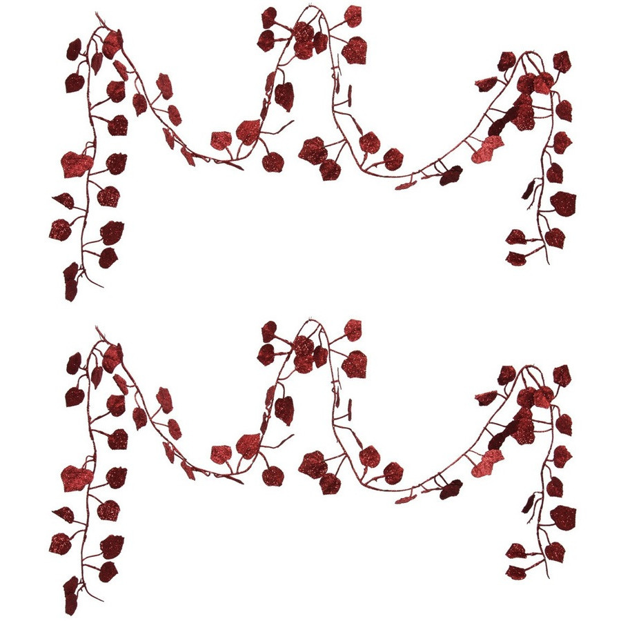 Kerstboom slinger - 2x stuks - met bladeren - rood - 200 cm - kunststof - kerstboomversiering -
