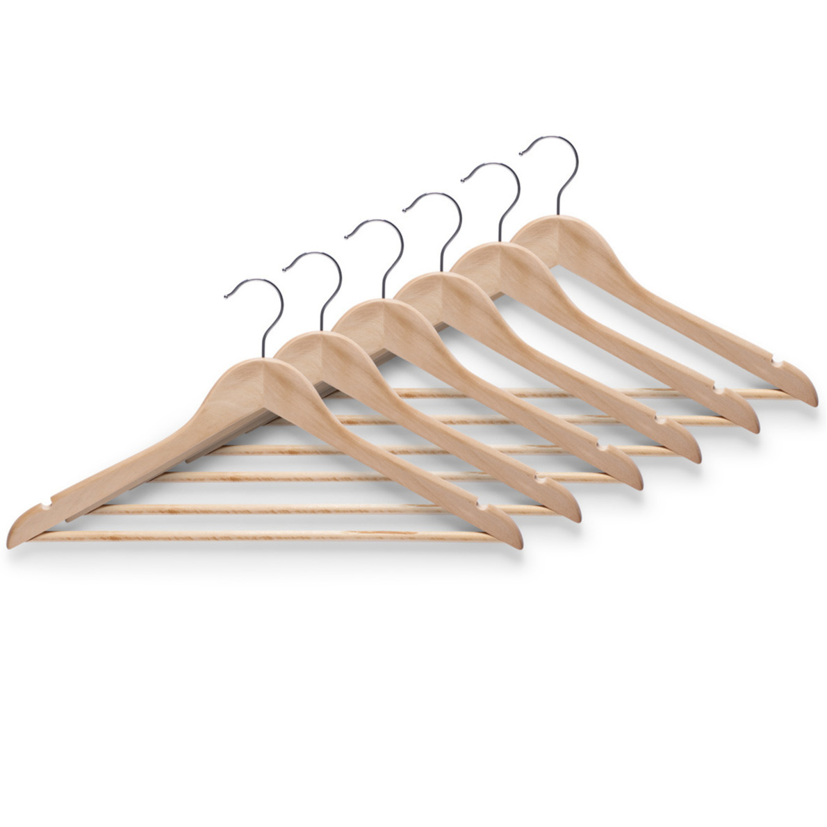 12x Bruine houten kledinghangers met broekstang 44 cm -