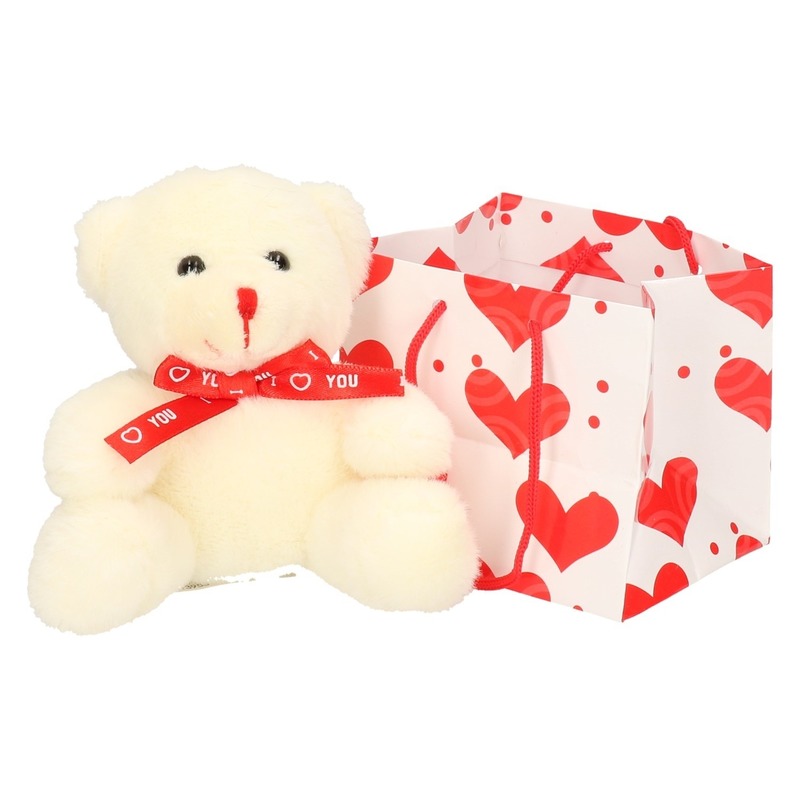 Witte pluche knuffelbeer met rood sjaaltje 10 cm -