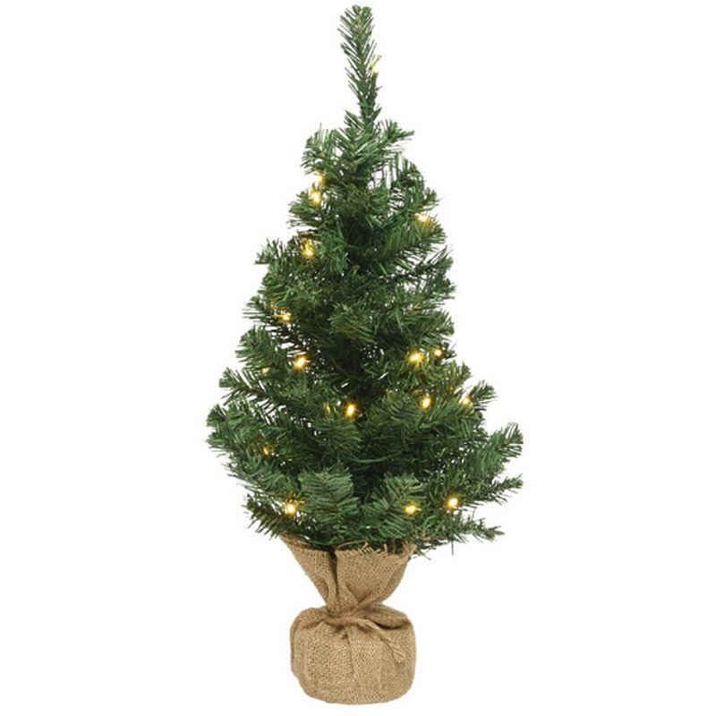 Volle mini kerstbomen groen in jute zak met verlichting 90 cm -