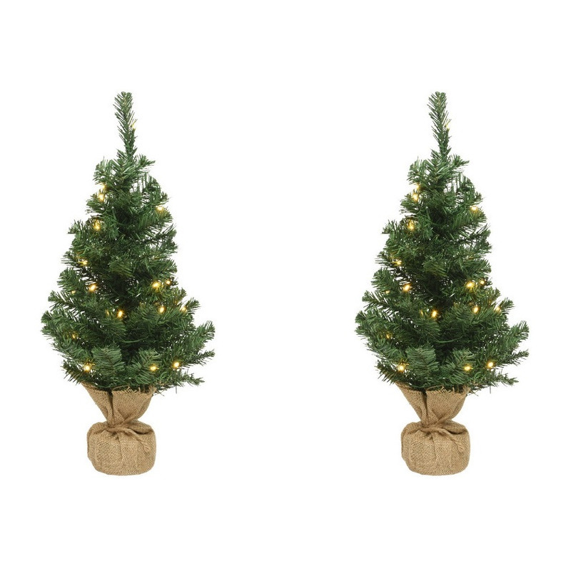 2x Volle mini kerstbomen groen in jute zak met verlichting 75 cm -
