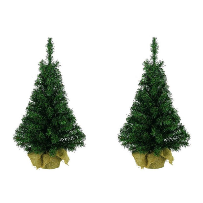 2x Volle mini kunst kerstboompjes/kunstboompjes in jute zak 35 cm -