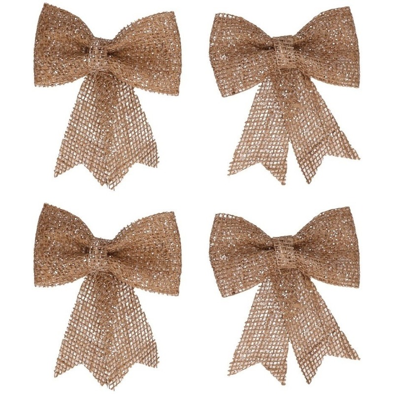 Decoris Kerst decoratie strikjes - 4x - jute - glitters - 13 cm -