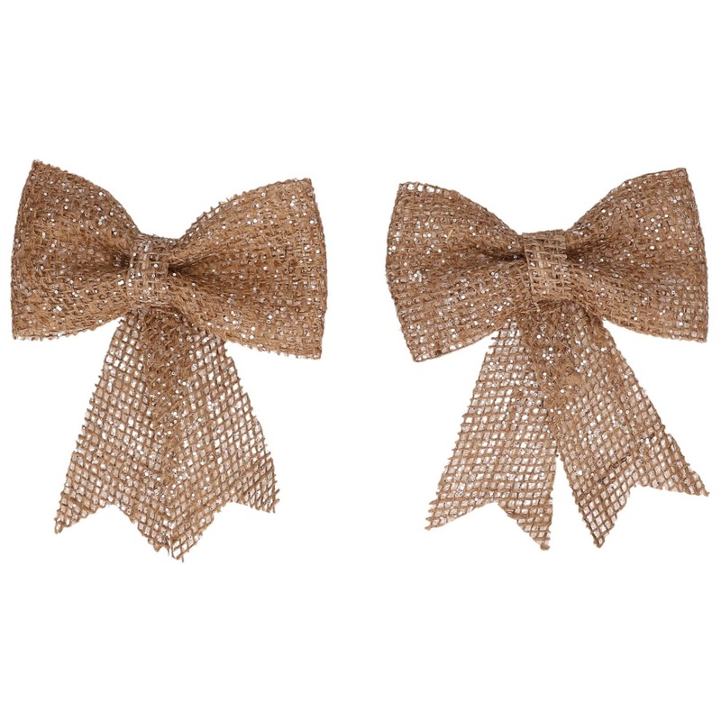 Decoris Kerst decoratie strikjes - 8x - jute - glitters - 13 cm -