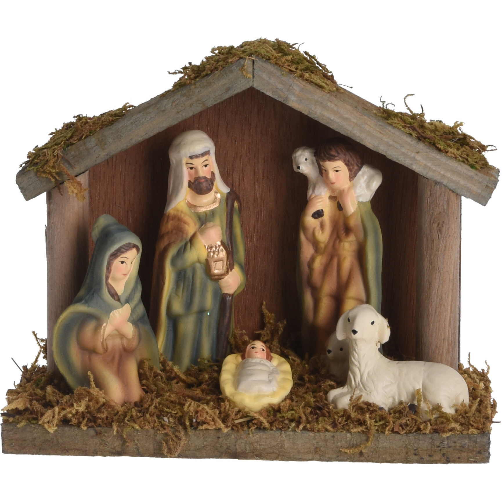 Porseleinen kerststalletje met 5 kerstbeelden/kerstfiguren 14 cm -