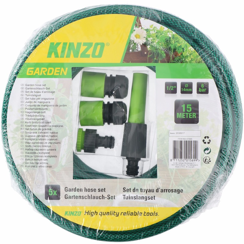 Kinzo tuinslang met sproeikop set 15 meter groen/zwart -