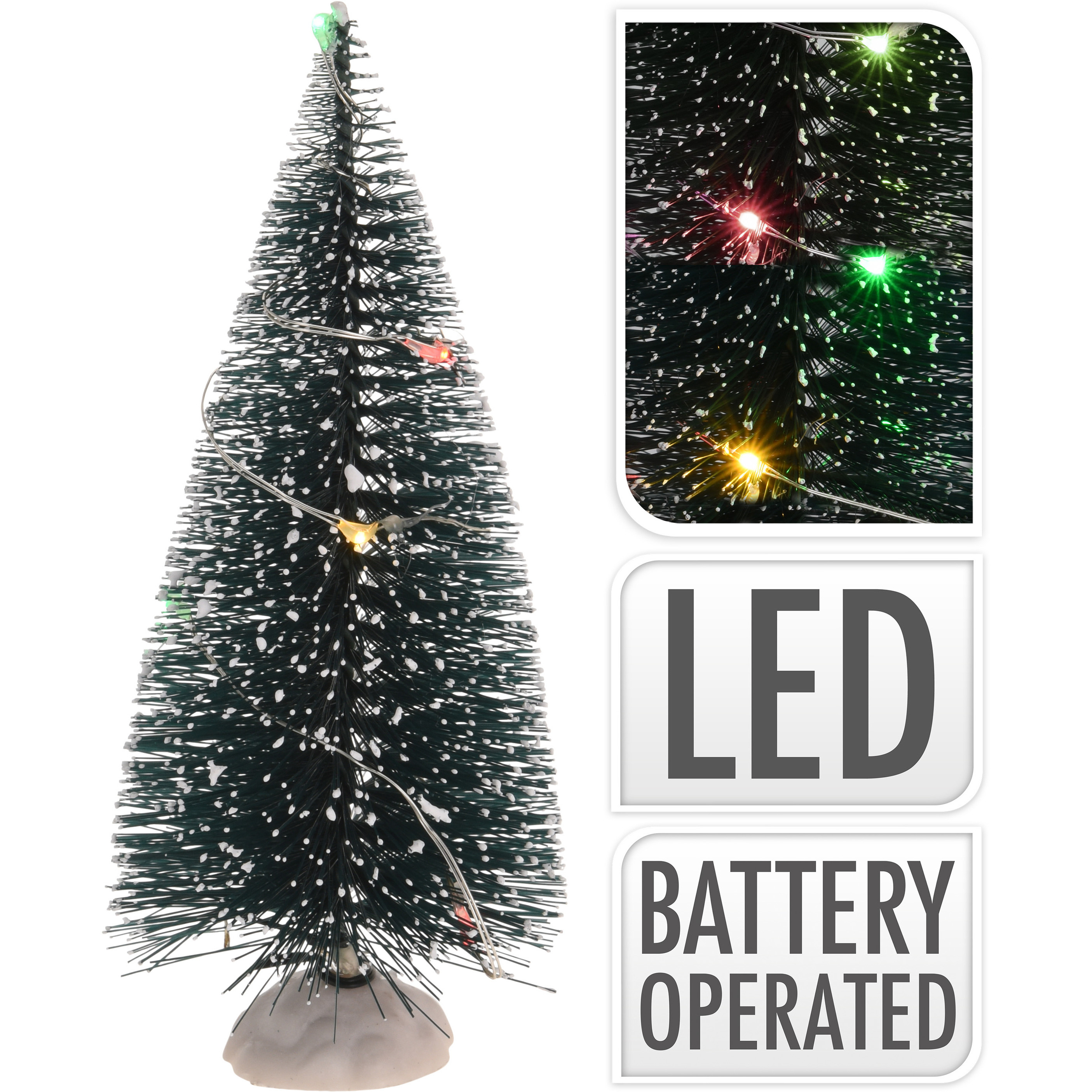 Kerstdorp onderdelen 2x kerstbomen met gekleurde LED verlichting 15 cm -