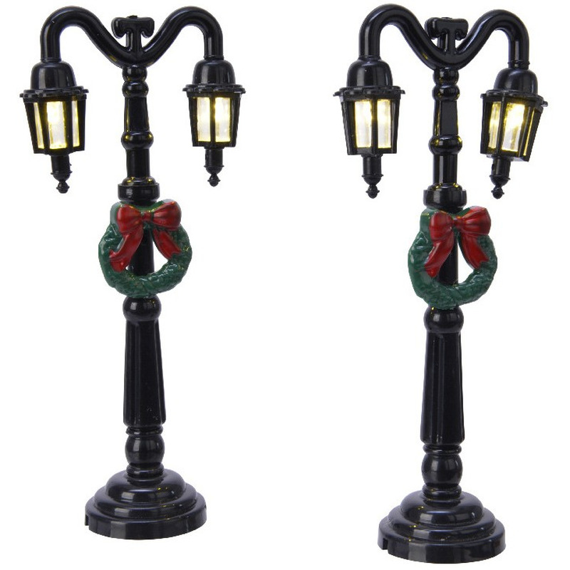 2x Kerstdorp onderdelen straatlantaarns 12,5 cm LED verlichting -