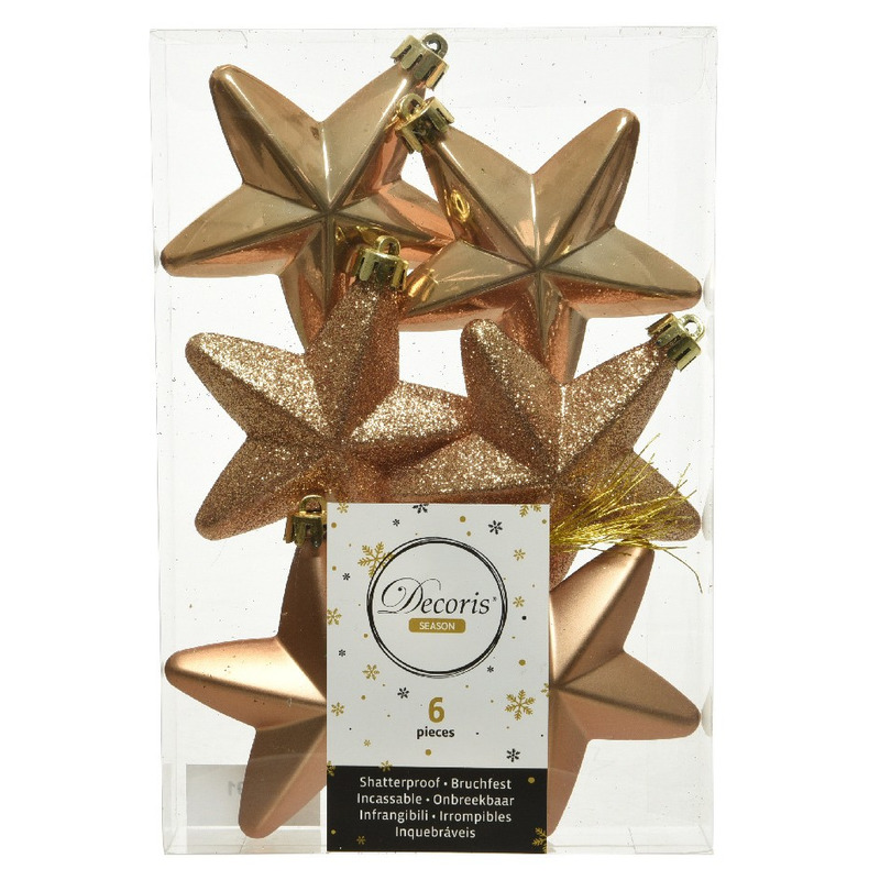 Decoris kersthanger sterren - 6x st - camel bruin - 7 cm - kunststof - kerstornamenten -