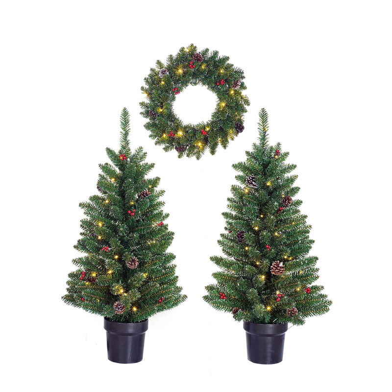 Kerst voordeur versiering kerstbomen en kerstkrans set met licht en versiering 90 x 43 cm -