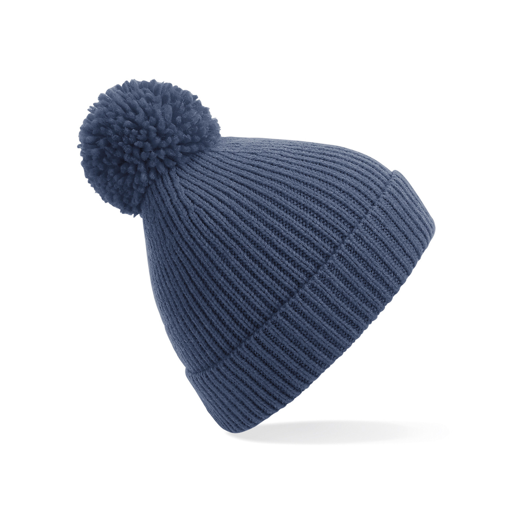 Gebreide Wintermuts met pom pom staal blauw -