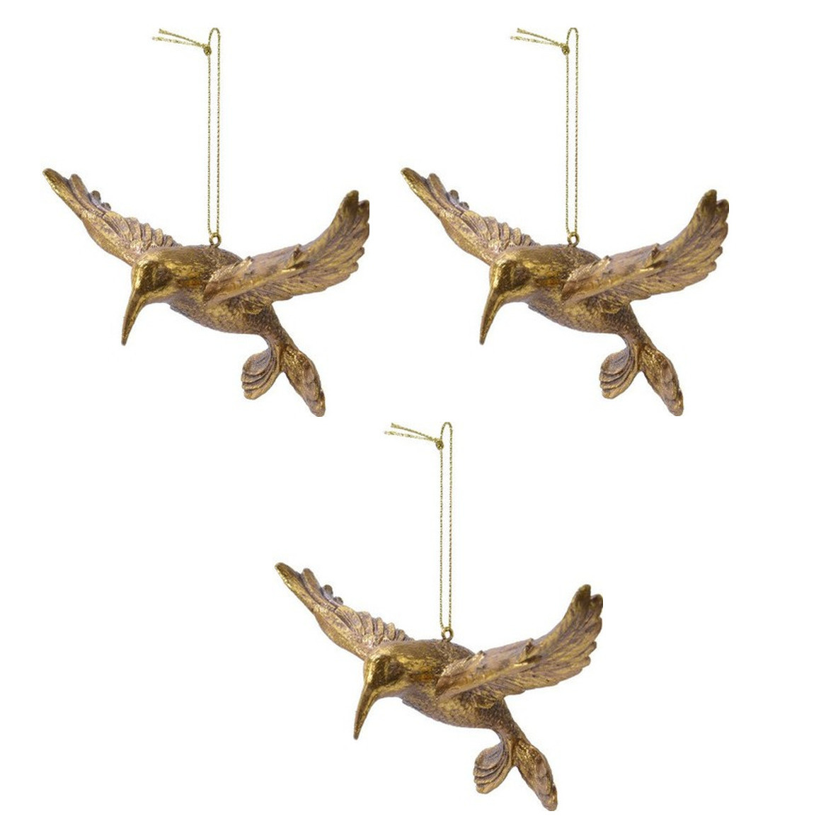 3x Kerstboomhangers gouden kolibrie vogels 13 cm kerstversiering -
