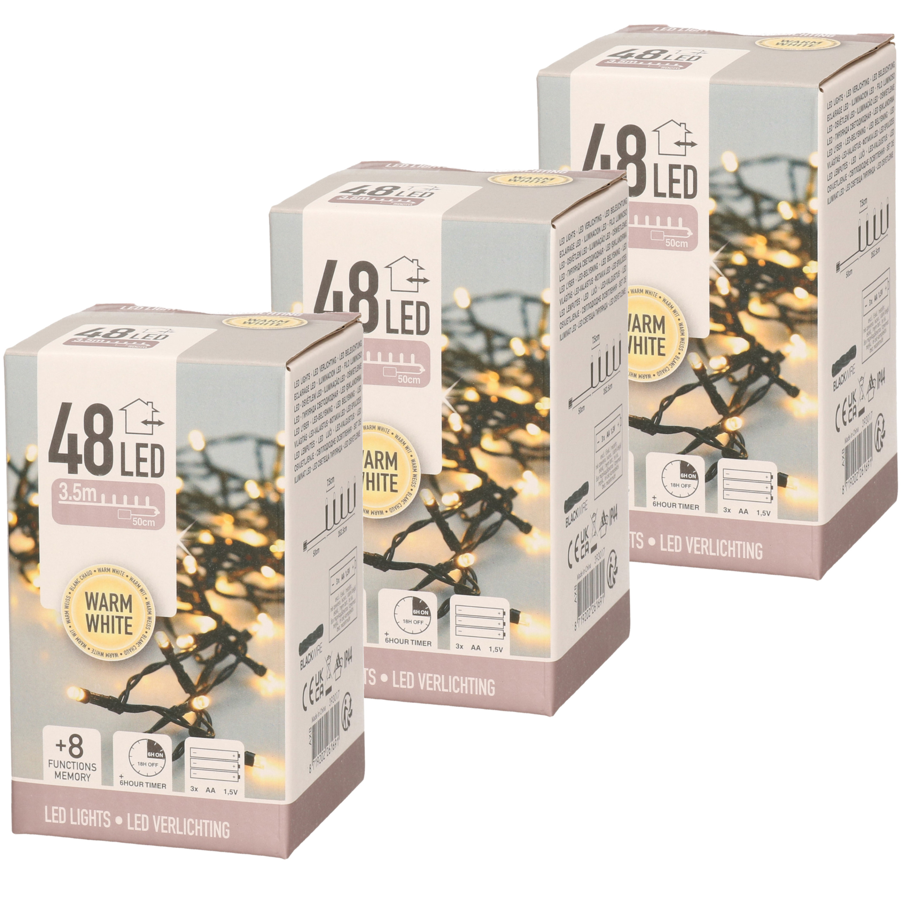 3x Kerstverlichting op batterij warm wit buiten 48 lampjes -