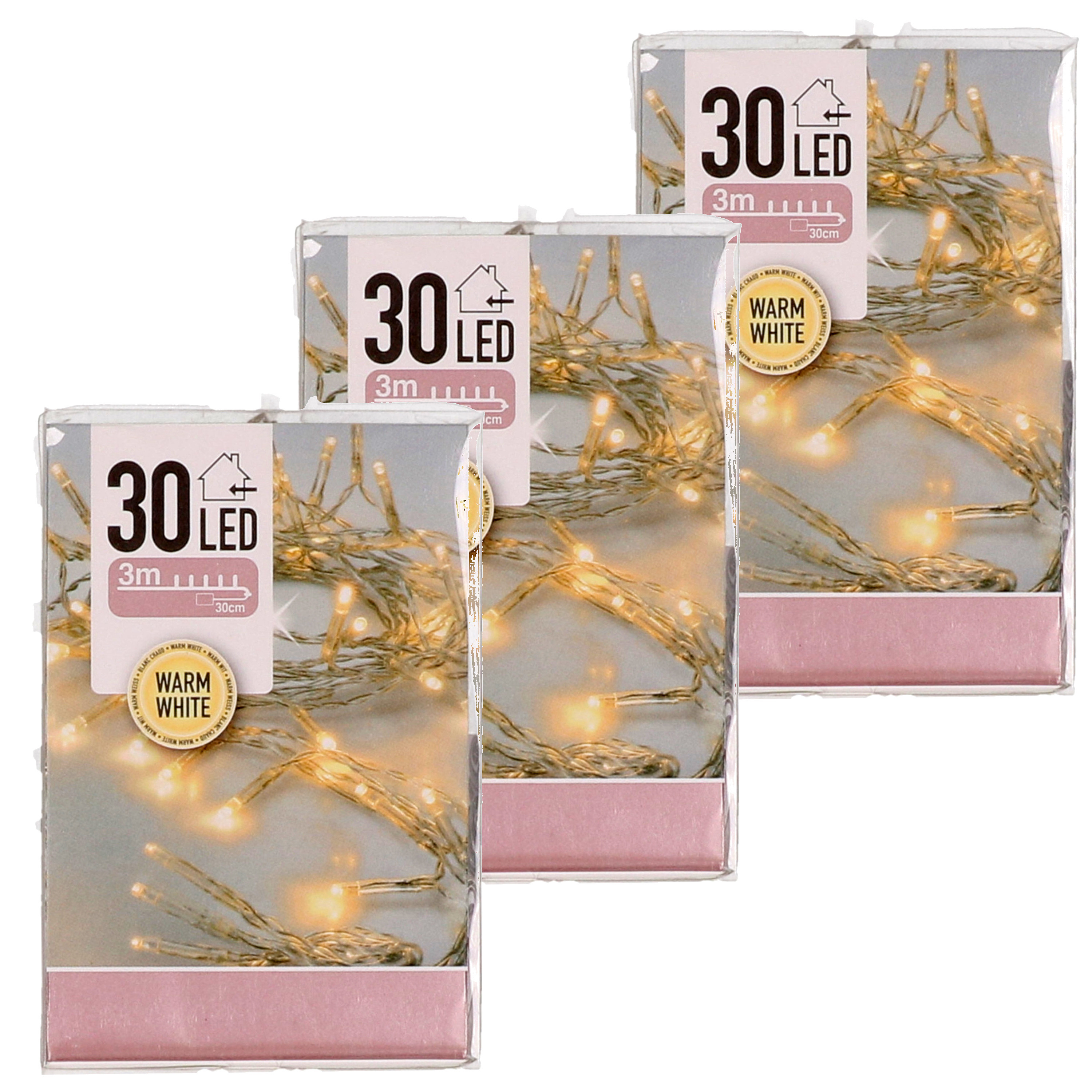 3x Kerstverlichting op batterij warm wit 30 lampjes -