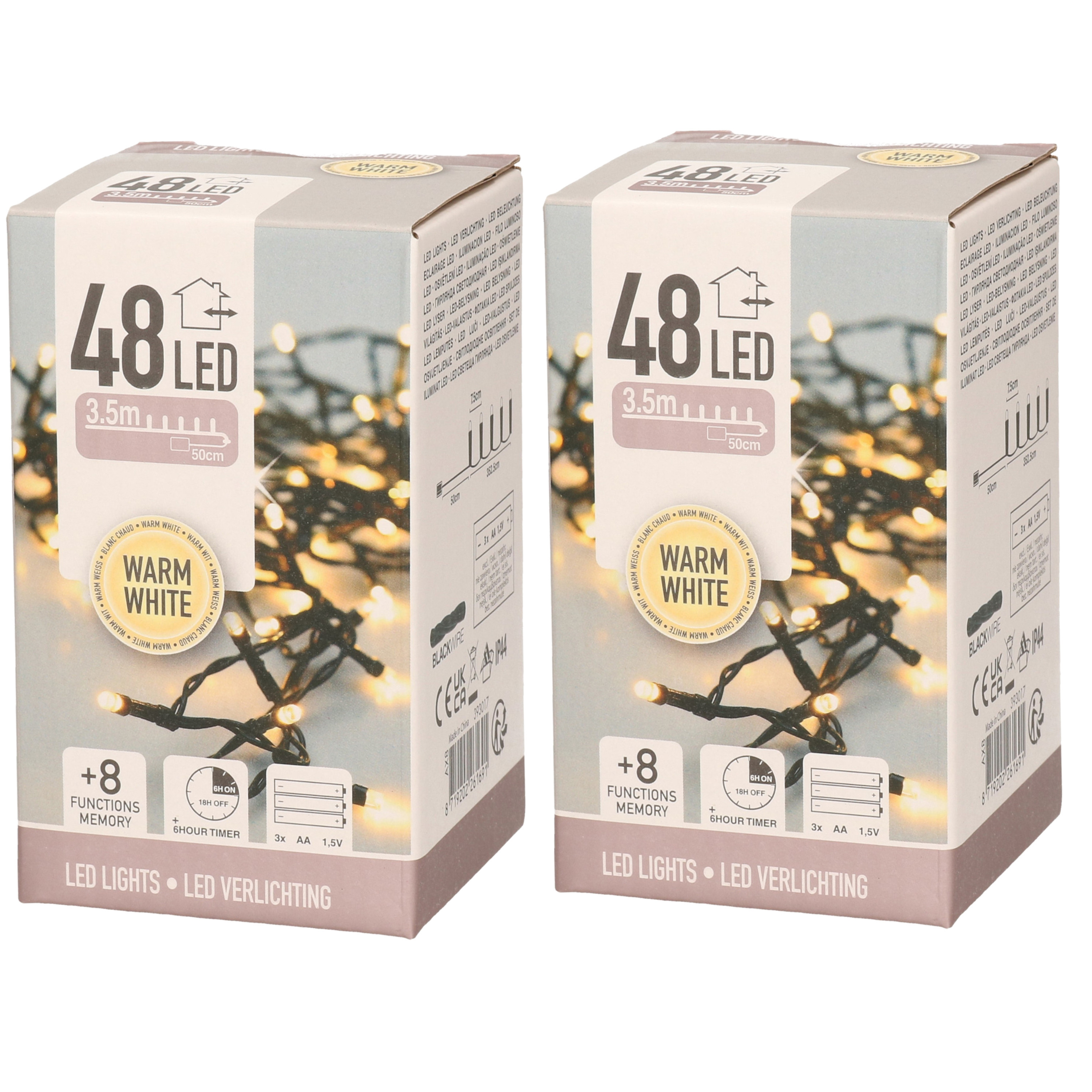 2x Kerstverlichting op batterij warm wit buiten 48 lampjes -