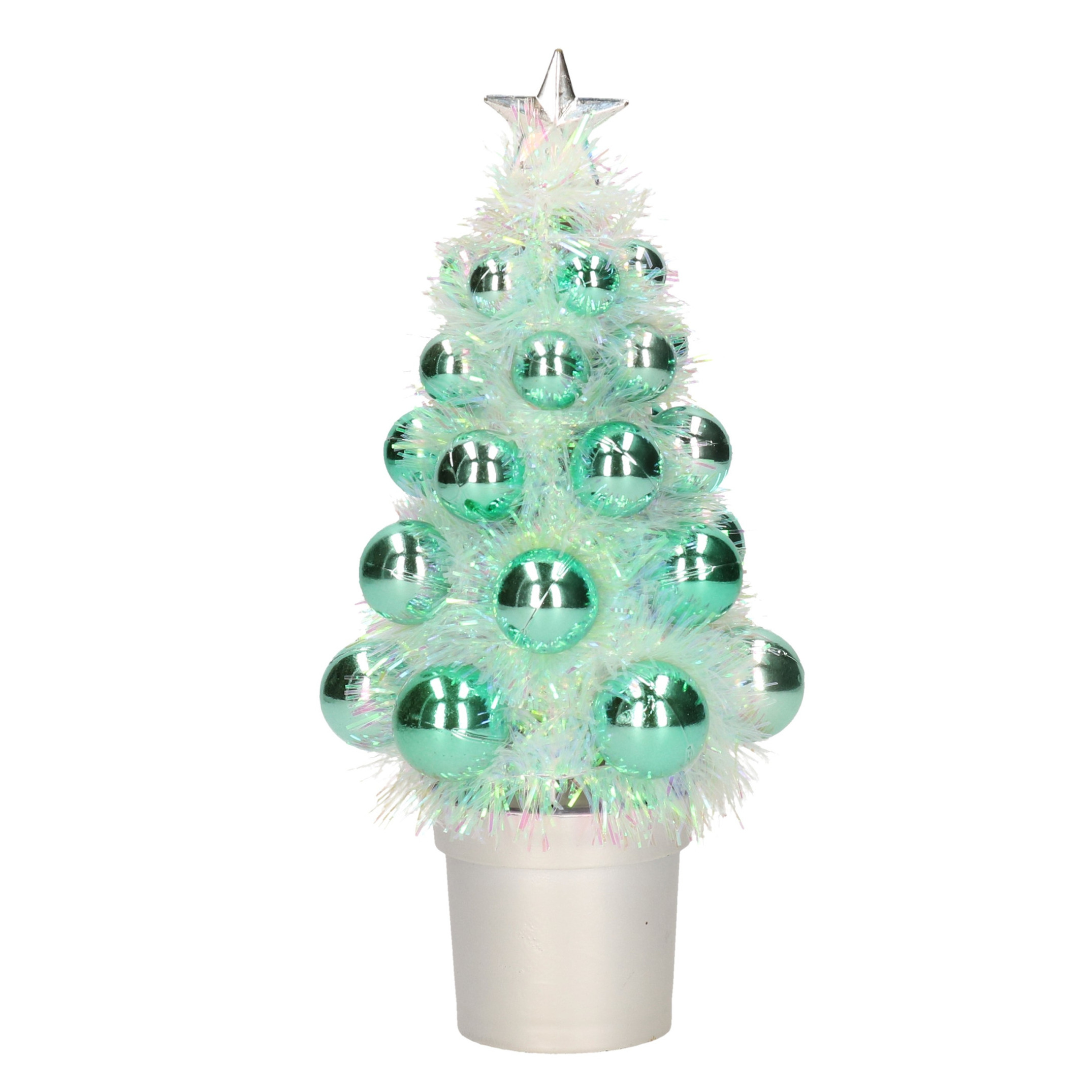 Mini kunst kerstboompje mint groen met kerstballen 19 cm -