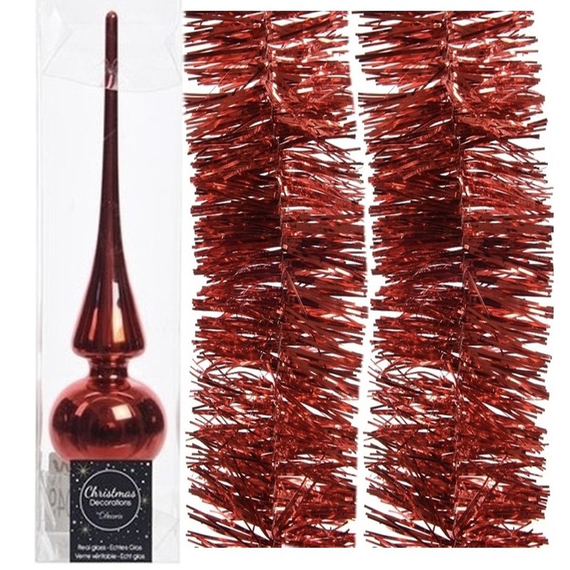 Kerstboomversiering set rode piek en 2x folieslingers 270 cm -