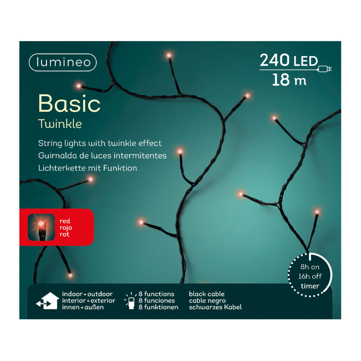 Lumineo Kerstverlichting twinkle - met timer - rood - buiten - 240 lampjes - 18 meter -