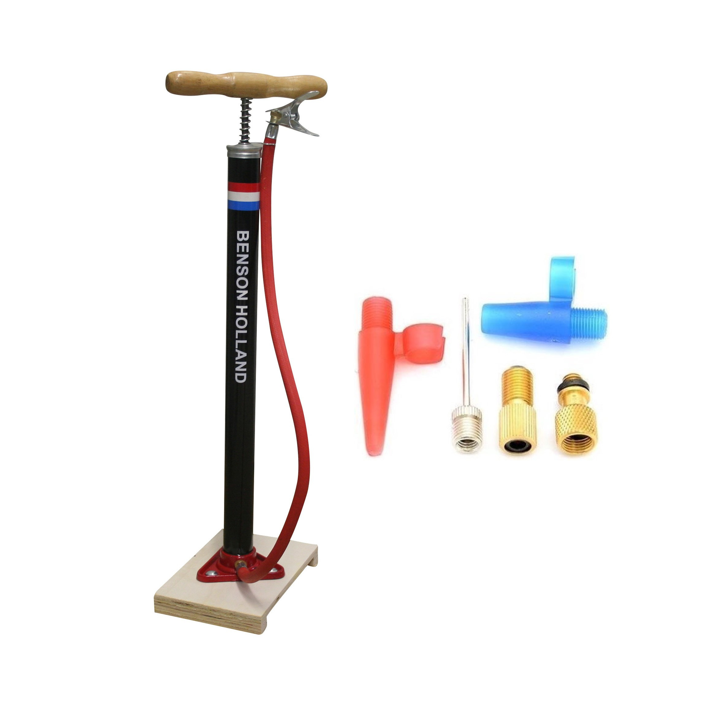 Klassieke fietspomp met houten plank inclusief 5-delige nippelset -