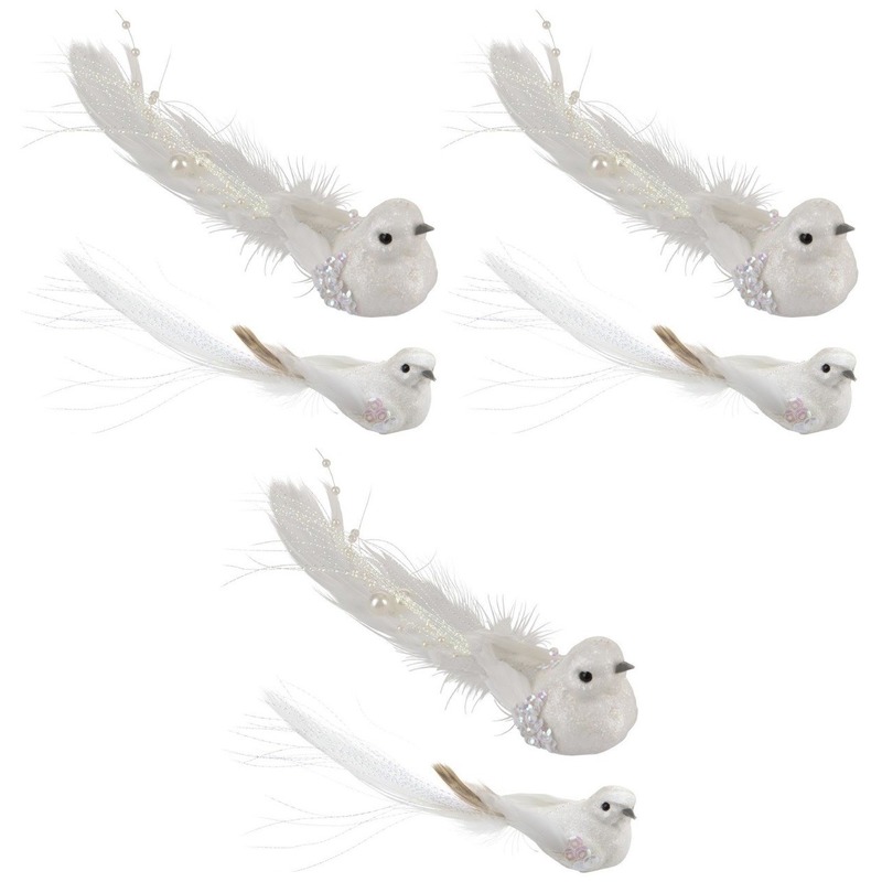 6x Kerstboomdecoratie vogeltje op clip wit -