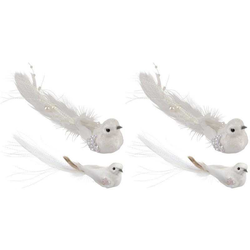 4x Kerstboomdecoratie vogeltje op clip wit -