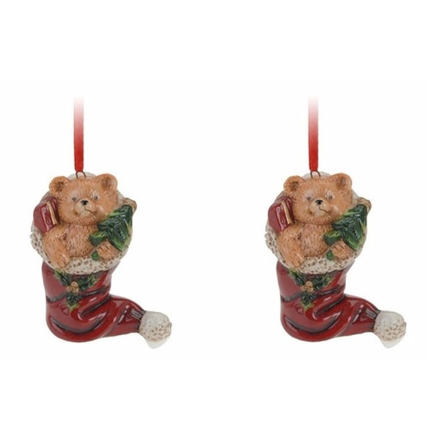 2x Kerstornamenten kerstsok met beertje hanger 8 cm -