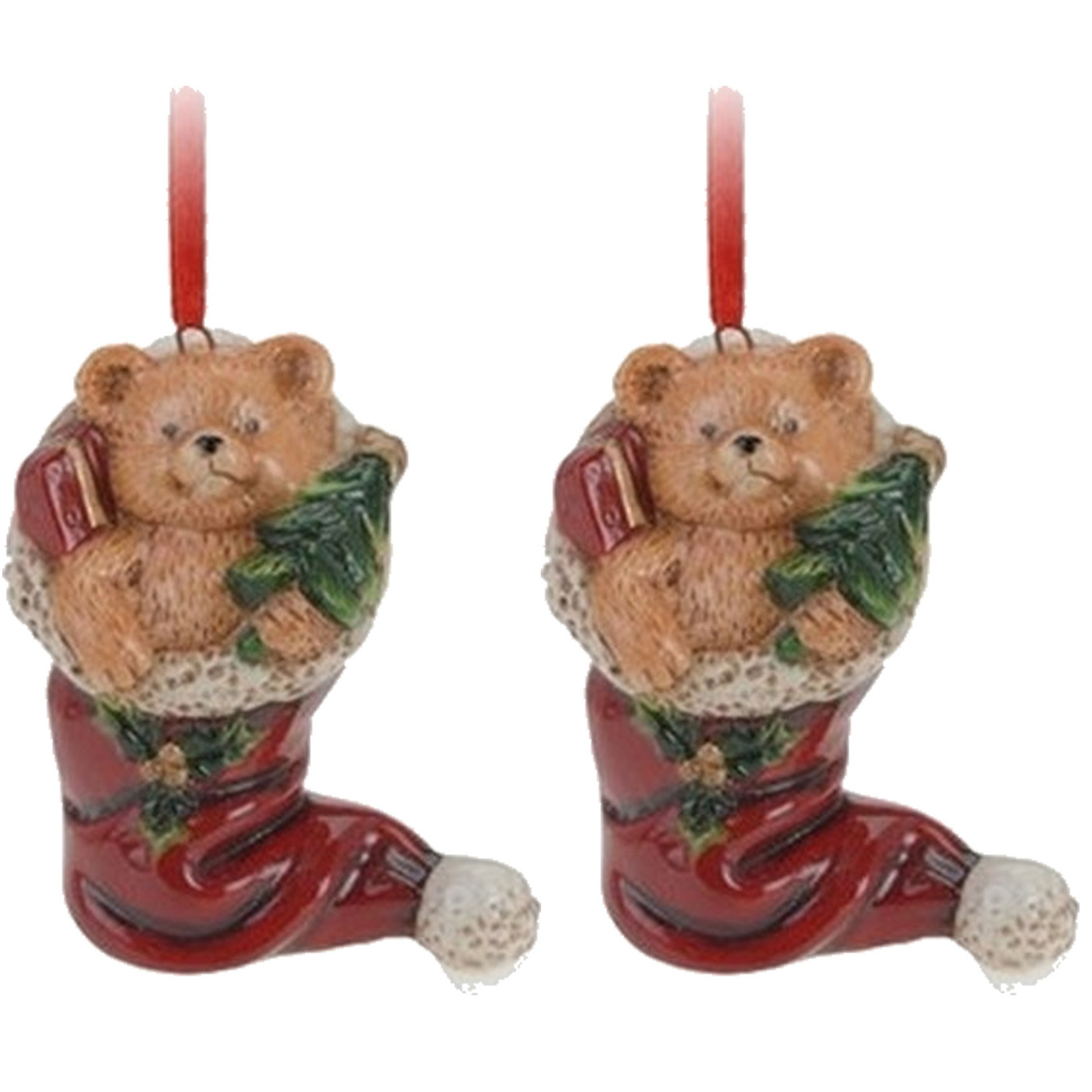 6x Kerstornamenten kerstsok met beertje hanger 8 cm -