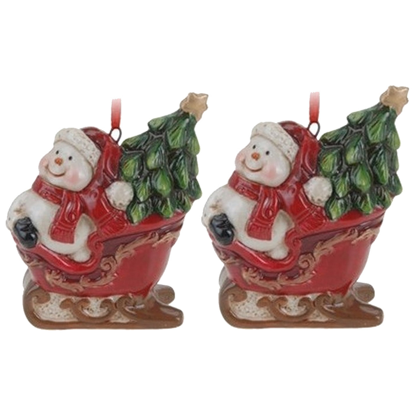 2x Kerstornamenten sneeuwpop in slee hanger 8 cm -