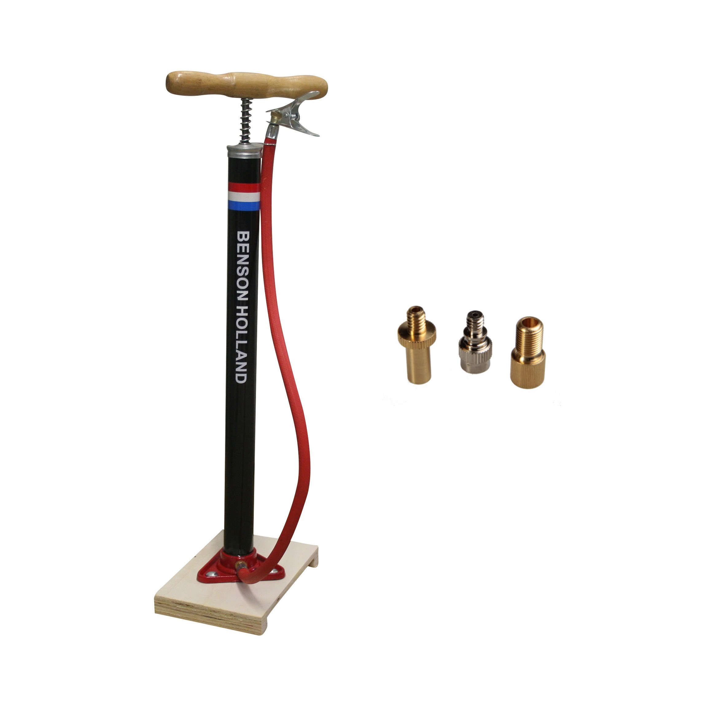 Klassieke fietspomp met houten plank inclusief 3-delige nippelset -
