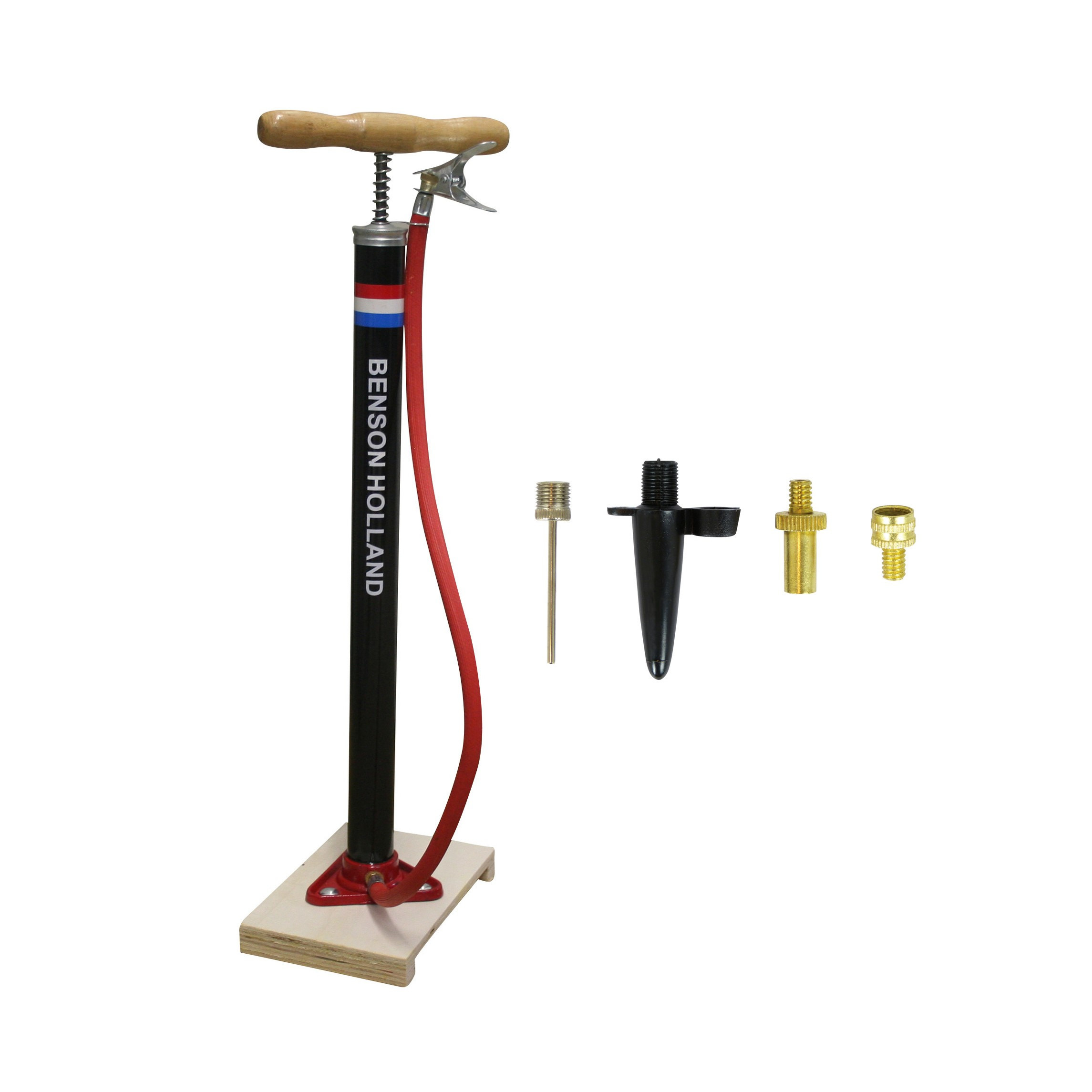Klassieke fietspomp met houten plank inclusief 4-delige nippelset -