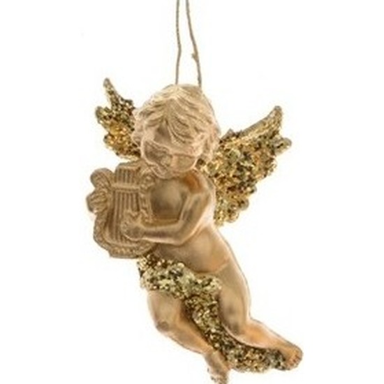 Gouden engel met harp kerstversiering hangdecoratie 10 cm -