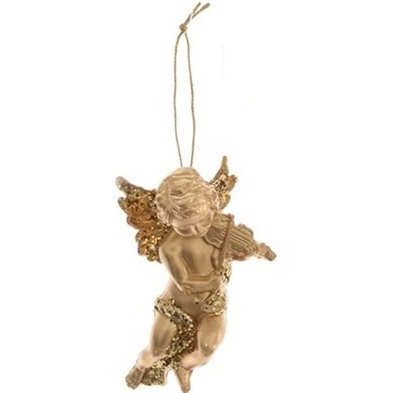 1x Gouden engel met viool kerstversiering hangdecoratie 10 cm -