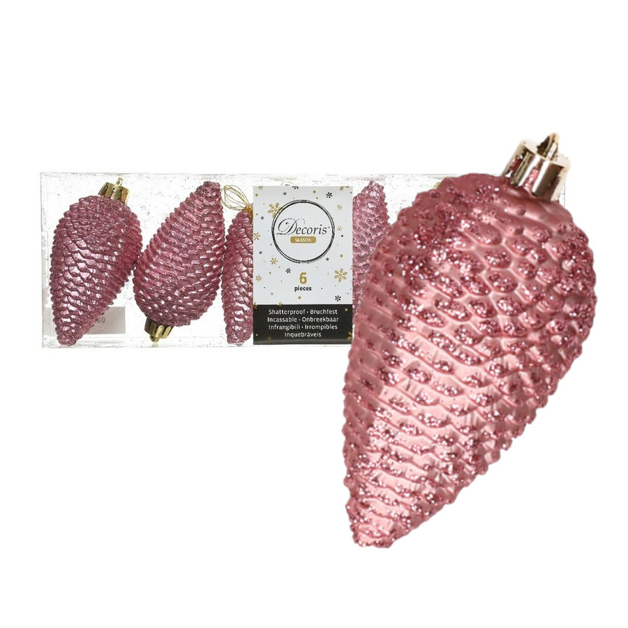 Kersthangers dennenappels - 6x st - oudroze - glitter - 8 cm - kunststof - kerstversiering -