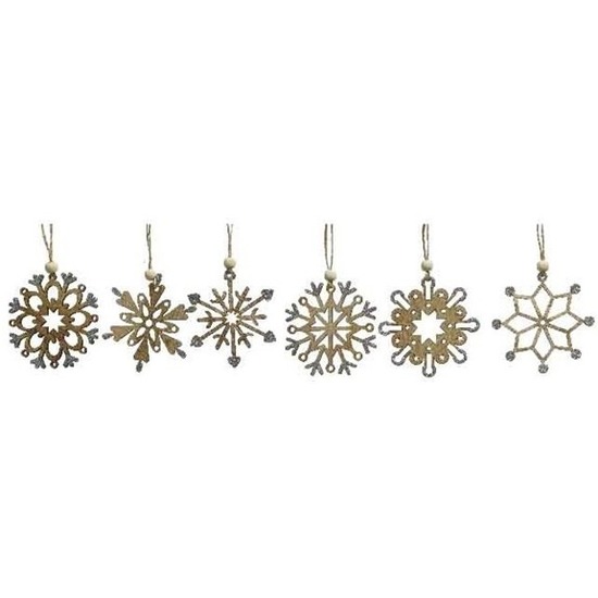 6x Houten sneeuwvlok kersthangers naturel 6 cm -