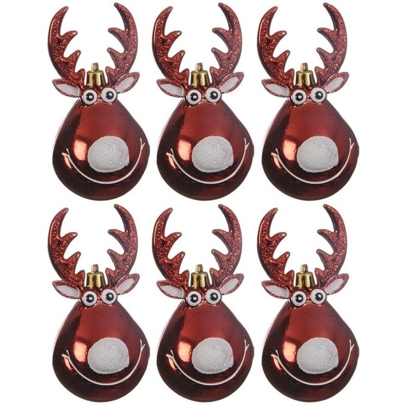 6x Kersthangers figuurtjes rendier Rudolph kerst rood 11 cm -