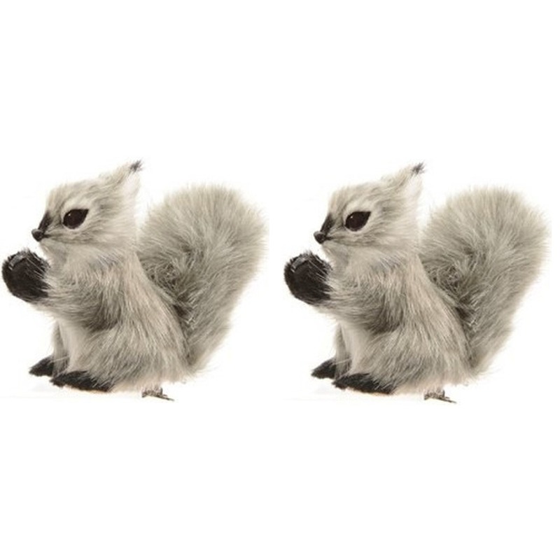 2x Grijze eekhoorn kerstversiering clip decoratie 8 cm -
