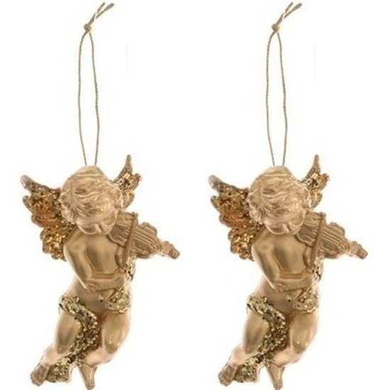 2x Gouden engelen met viool kerstversiering hangdecoratie 10 cm -