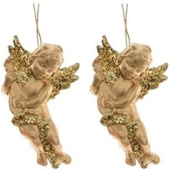 2x Gouden engelen met lute kerstversiering hangdecoratie 10 cm -