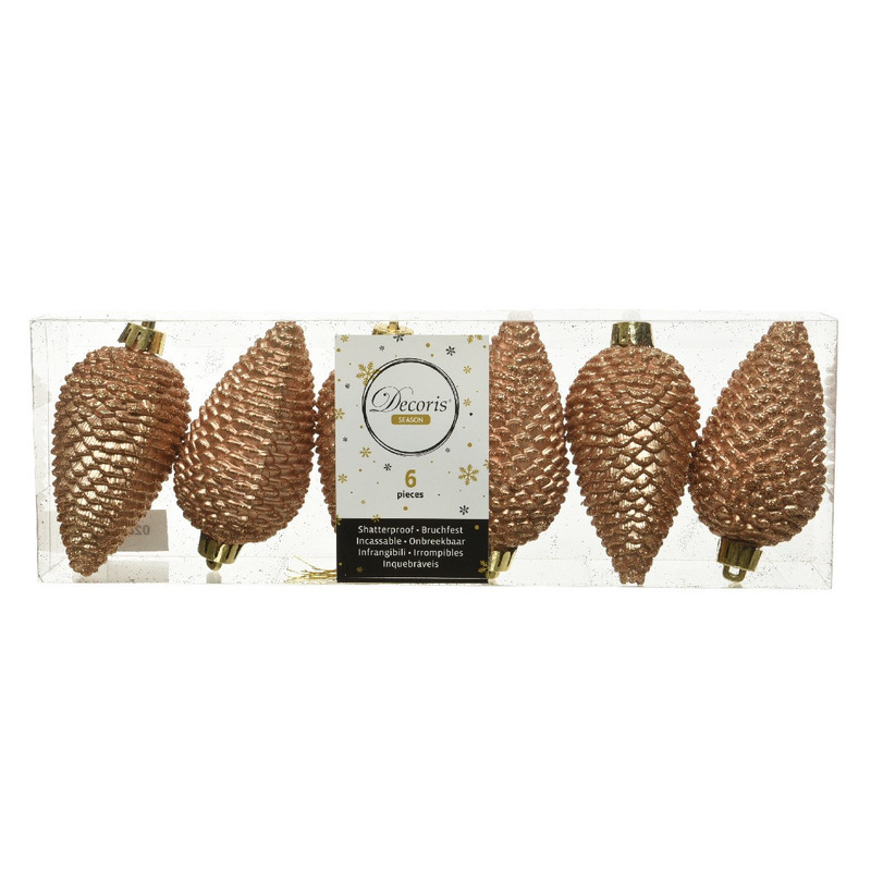 Kersthangers dennenappels - 6x st - camel bruin - glitter - 8 cm - kunststof - kerstversiering -