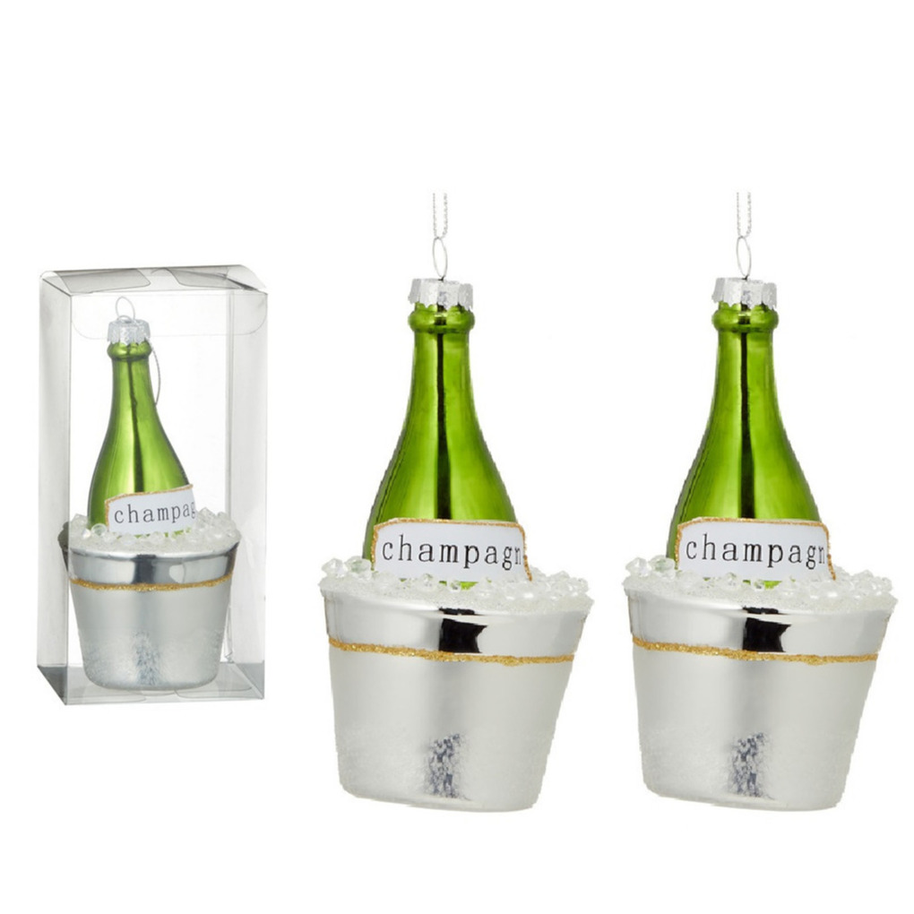 2x Kersthanger figuurtjes glazen champagne fles 14 cm -