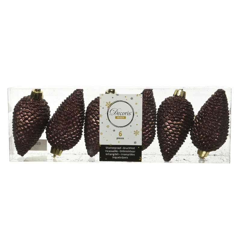 Kersthangers dennenappels - 6x st - donkerbruin - glitter - 8 cm - kunststof - kerstversiering -
