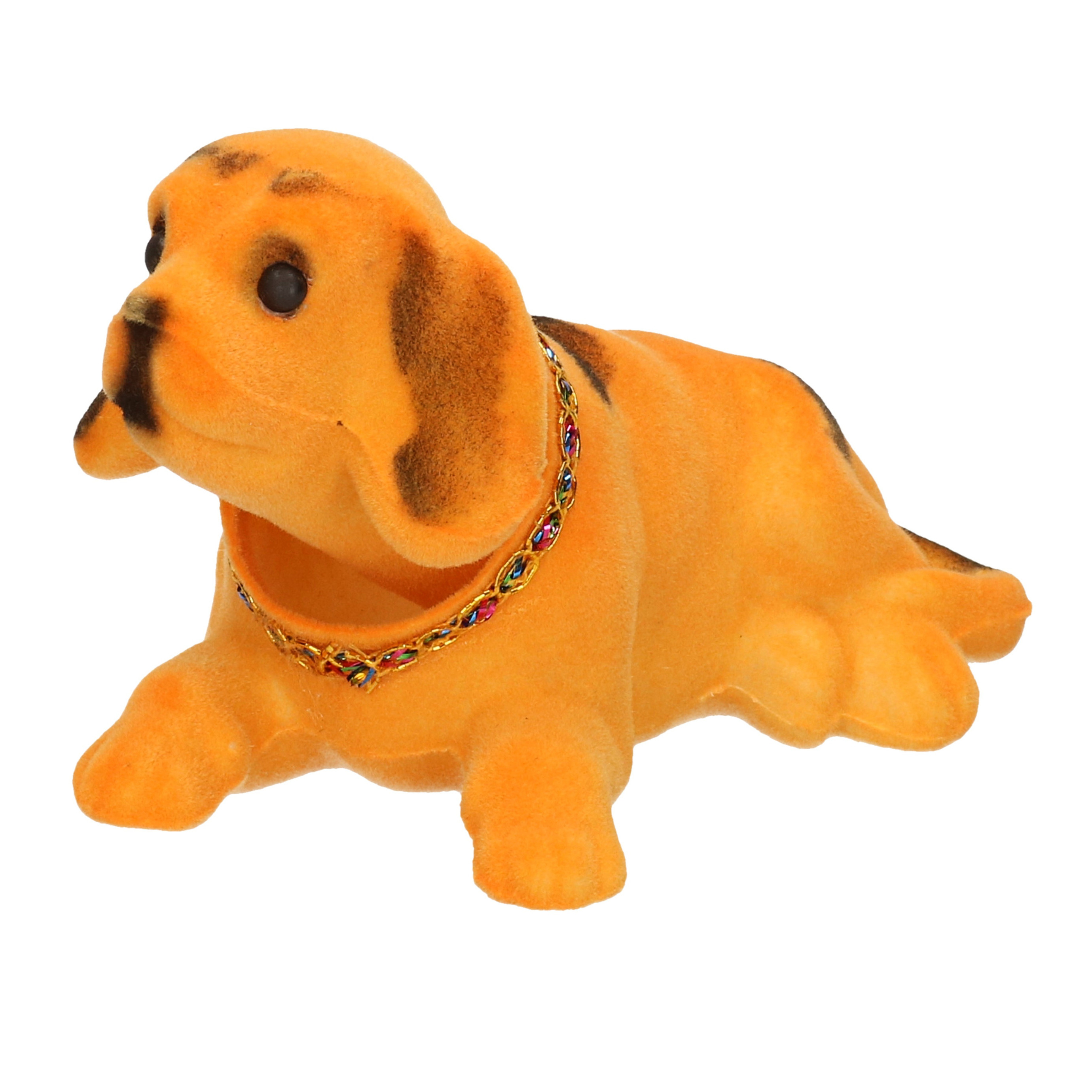 Bewegende knikkende beige hond voor in de auto -