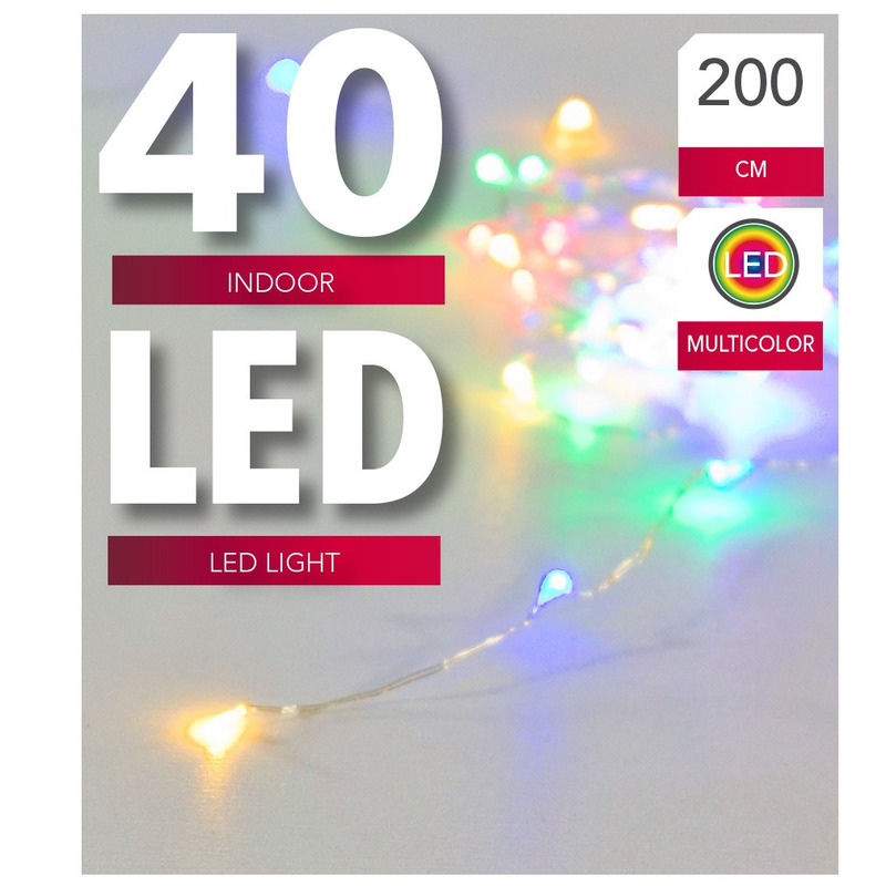 Verlichting lichtdraad zilver 40 gekleurde lampjes op batterijen 200 cm -