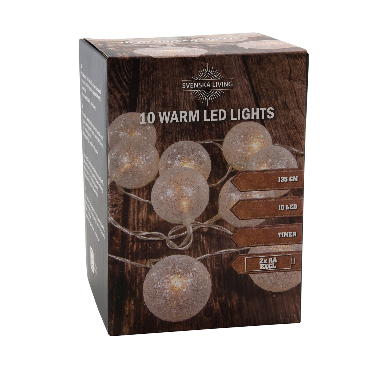 Lichtsnoer met 10 witte glitter bolletjes D5 cm warm wit op batterij 135 cm -